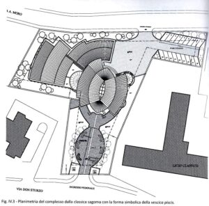 La pianta generale del complesso e, sotto, quella della chiesa.